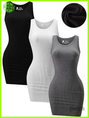 3 Pack Ribbed Crewneck Tank Top Dress Sleeveless Bodycon Mini Dress Summer Basic